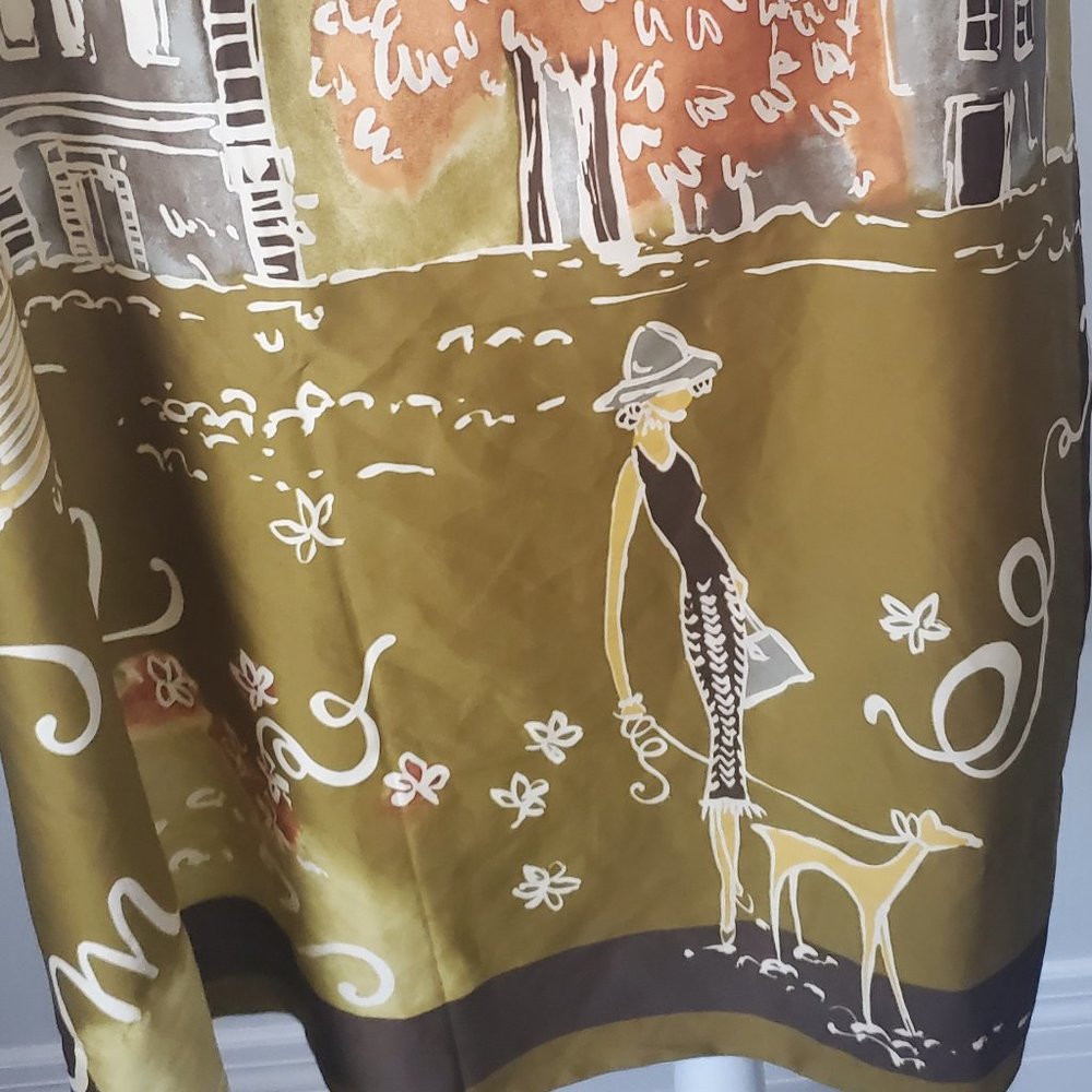 RARE MOD DESIGN * Vintage Italian Satin Scarf City Scene Woman Walking her Dog